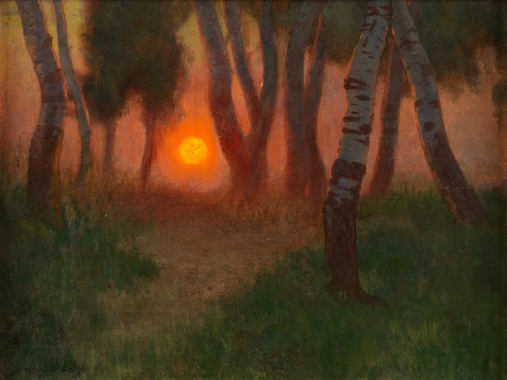 Adrian Scott Stokes - Tramonto in un paesaggio boschivo, The Maas Gallery, London